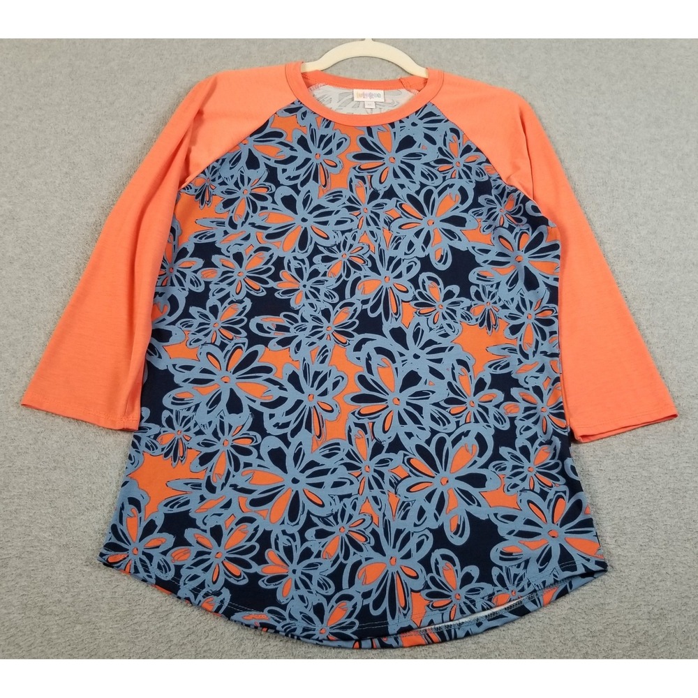 LuLaRoe Randy Top Women Medium M Orange Blue Floral Raglan 3/4 Sleeve Tee Casual
